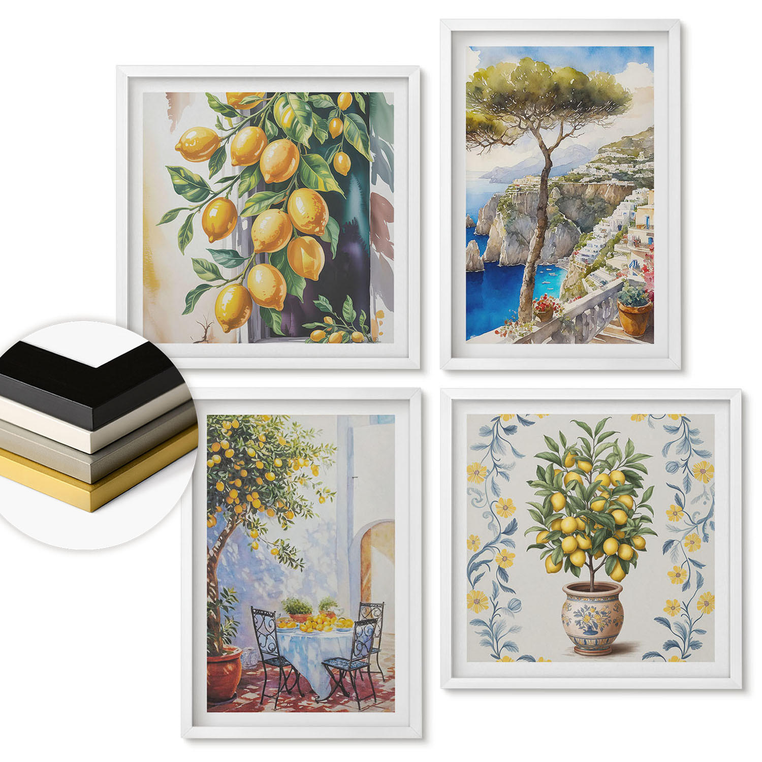 WANDBILDER 4er-Set - 50x50 cm & 40x60 cm Weißer Rahmen - Zitronenbäume am Meer - Weiß, Kunststoff (50/50cm) - ArtPrintCave