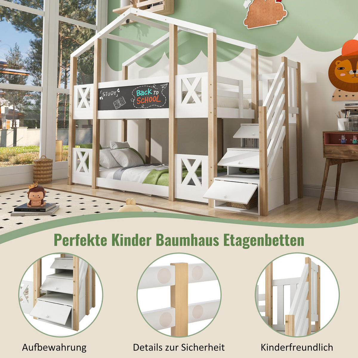 ETAGENBETT 90x200cm Baumhaus mit Treppe Stauraum & Rausfallschutz Weiß - Weiß, Holz - FLIEKS