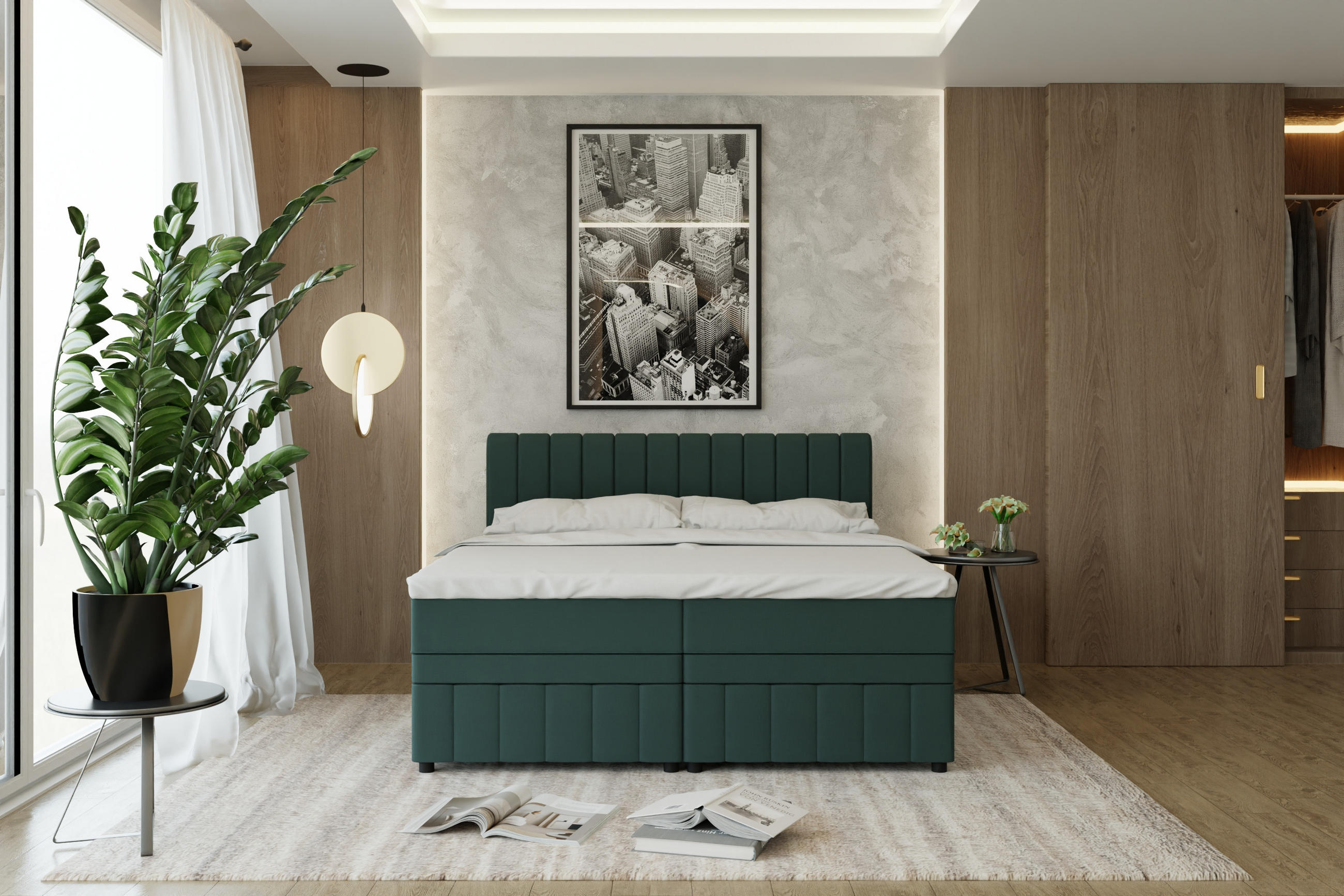 BOXBETT AVALON 180 x 200 cm mit Bettkasten und Topper - Dunkelgrün - Dunkelgrün, Holz - Panda Möbel