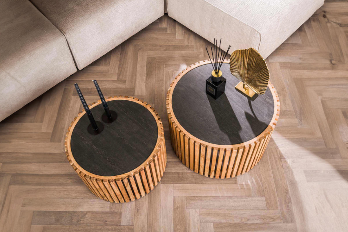 COUCHTISCH-SET PINE Schwarz Stein - Schwarz/Braun, Akazienholz/Stein (68/68/40cm) - KAWOLA