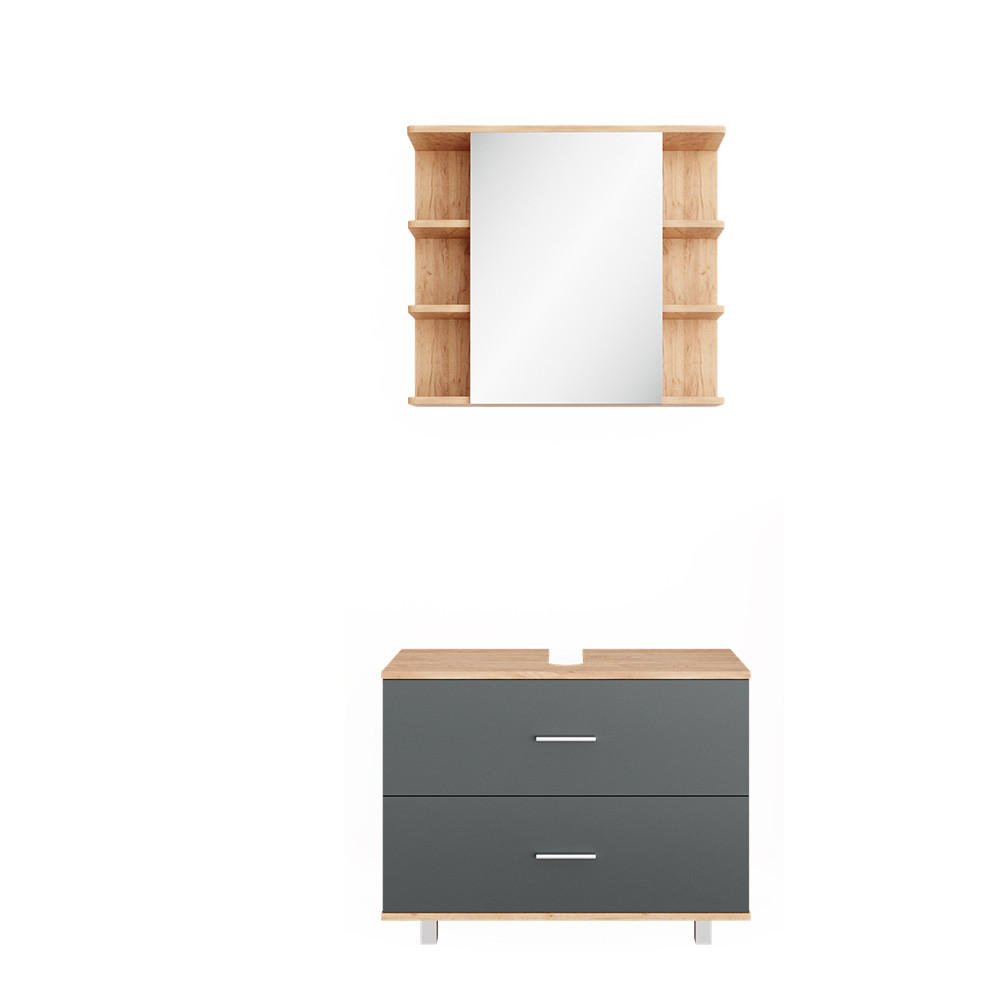 BADMÖBEL-SET Ilias Anthrazit/Goldkraft Eiche 2 Teile Unterschrank 80 cm - Anthrazit/Eiche Wotan, Holzwerkstoff (80.2/60.8/33cm) - Vicco