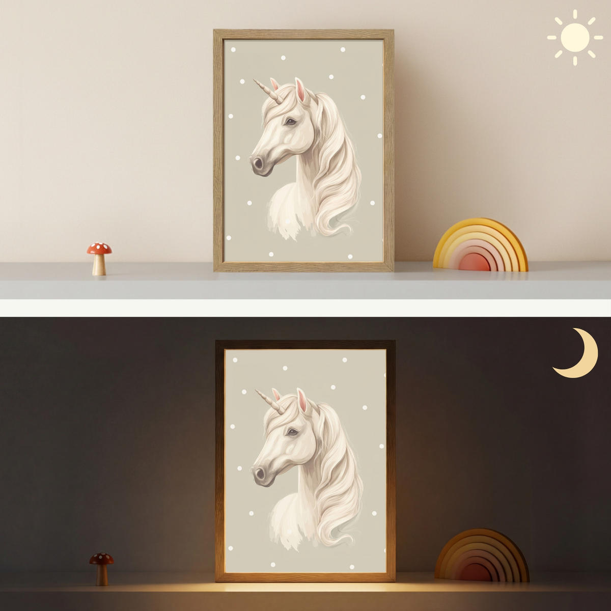 NÁSTĚNNÁ LAMPA S AKUMULÁTOREM Jednorožec - bílý - tečky 30x40 cm - šedohnědá, kompozitní dřevo (30/40/8cm) - OnlyWow