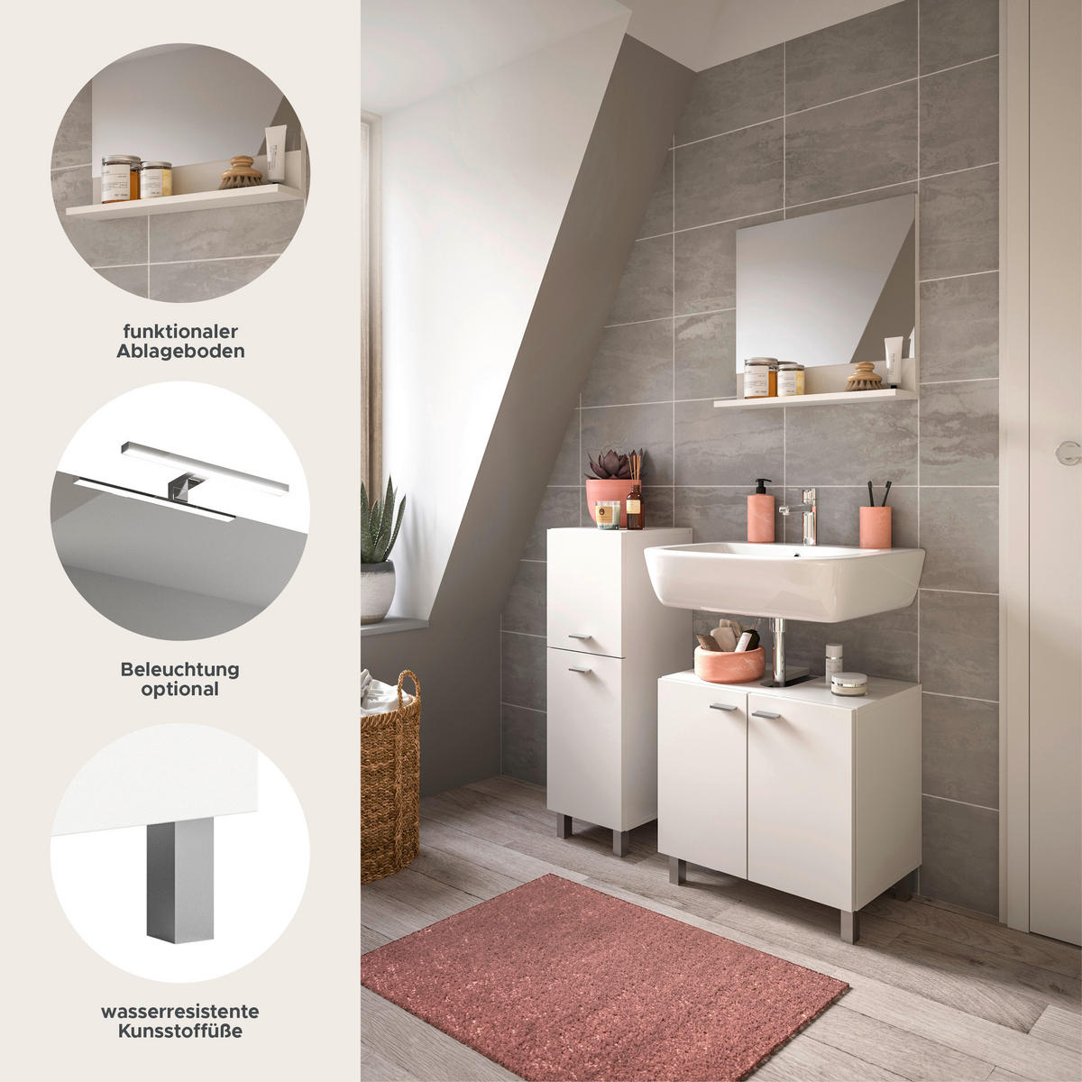 BADKOMBINATION 4tlg. Boston/Tampa Bad in weiß Nachbildung und schwarz B/H/T: 137x186x33 cm - Weiß, Holzwerkstoff (137/186/33cm)