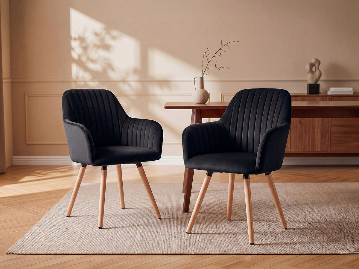 STUHL - 56 cm x 58 cm - Samt, Stoff - Schwarz - ELEANA - Schwarz, Textil (56/85/58cm) - Vente-Unique