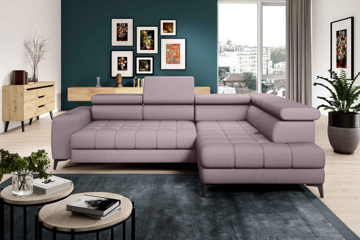 ECKSOFA BAGGIO Letto Stoff, Schlaffunktion, Bettkasten, Sitztiefe, Kopfstützen 280x196cm – Rechts – Puderrosa - Hellrosa, Holz/Textil (280/196cm) - DomoHome