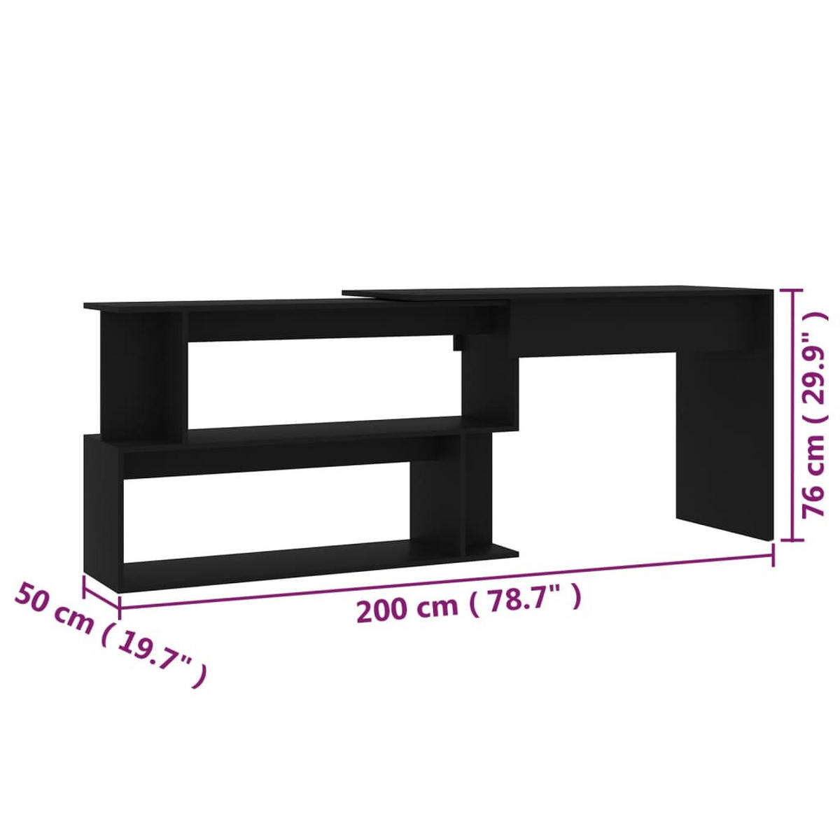 ECKSCHREIBTISCH mit Drehbarem Seitenteil 200/50/76 cm aus Holzwerkstoff Schwarz - Schwarz, Holz (50/200/76cm) - vidaXL