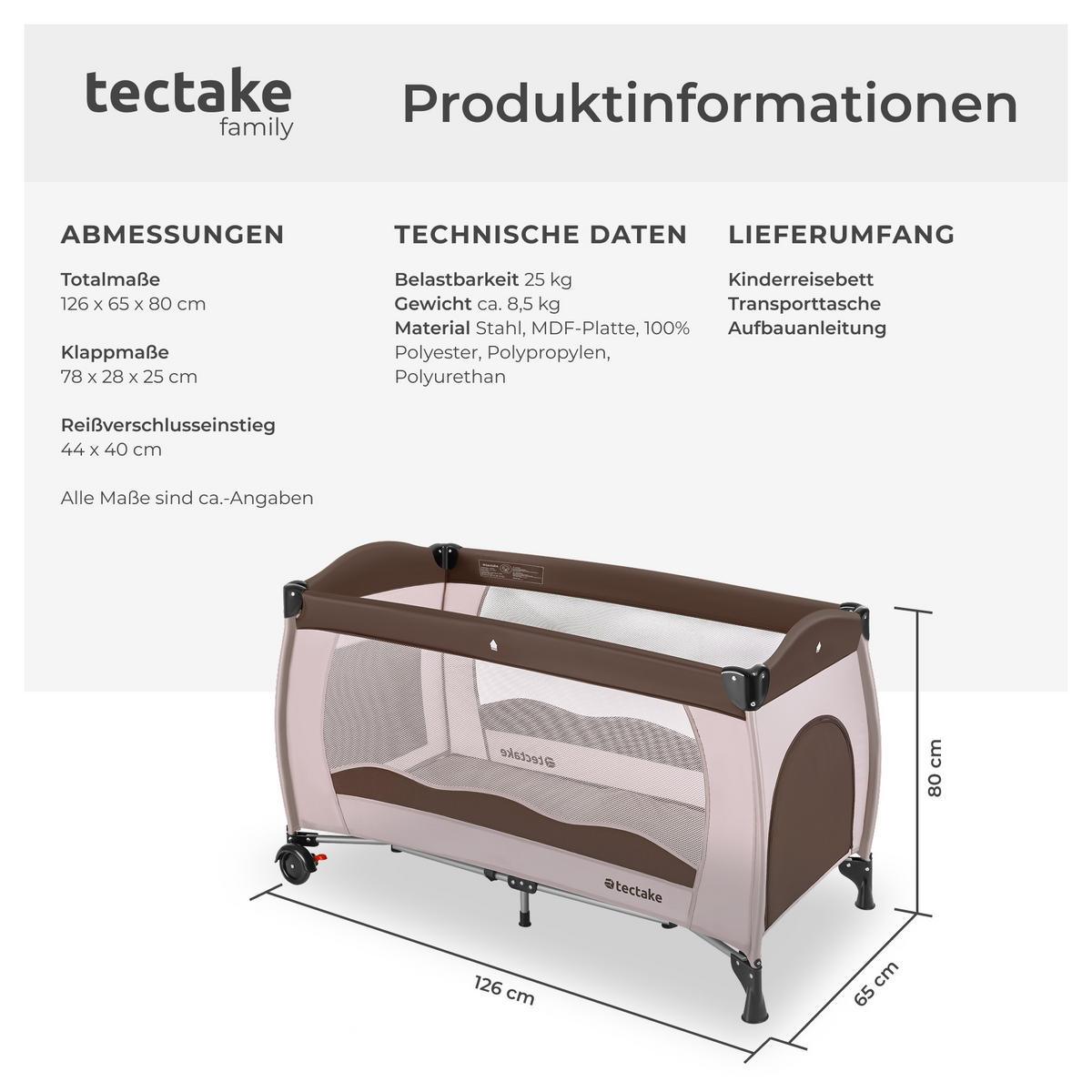 KINDER REISEBETT ,inklusive Tragetasche, 126 x 65 x 80 cm,coffee - Schwarz, Textil (65/80/126cm) - tectake