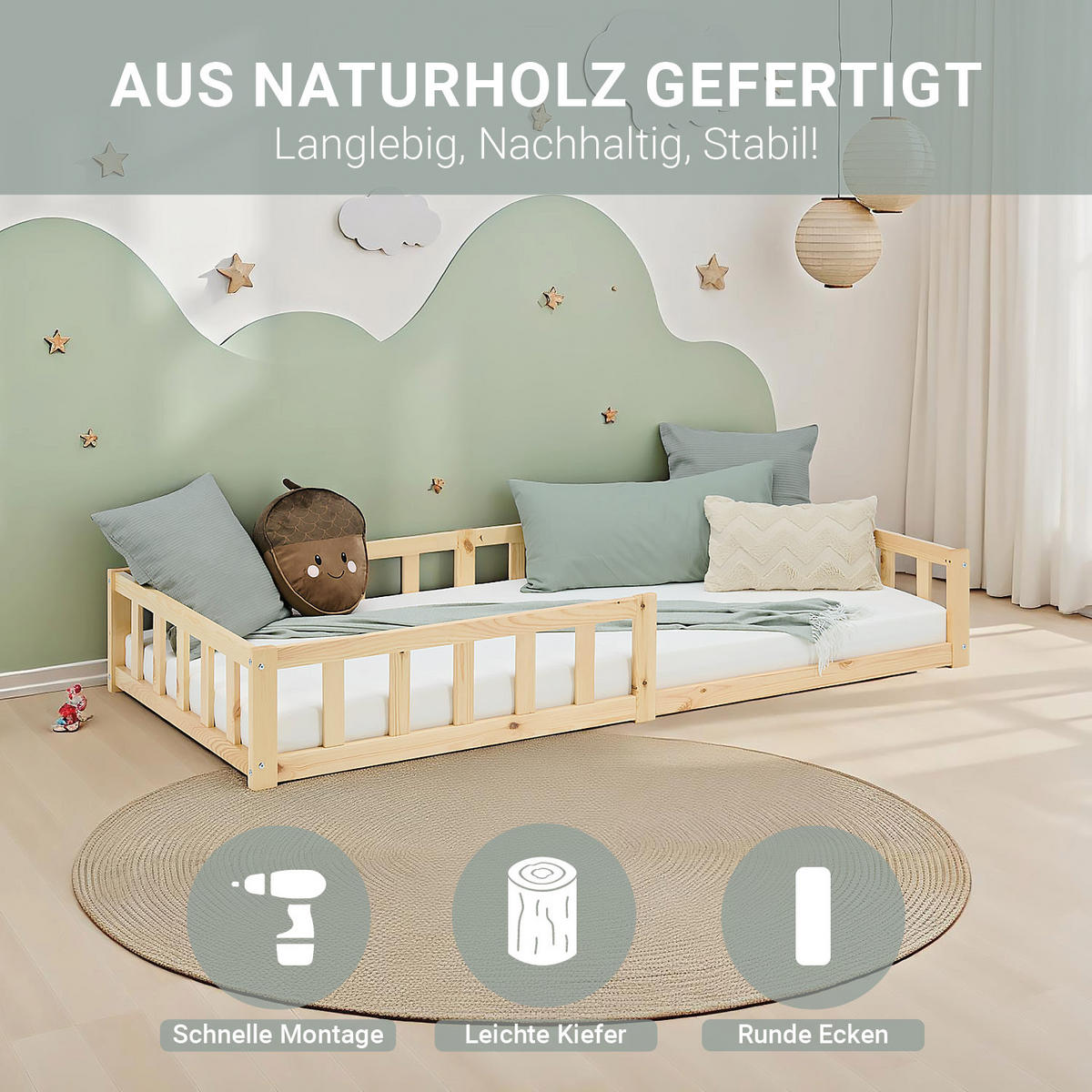 BODENBETT 90x200 Natur Lattenrost + Matratze - Naturfarben, Holz (90/200cm) - Homestyle4u