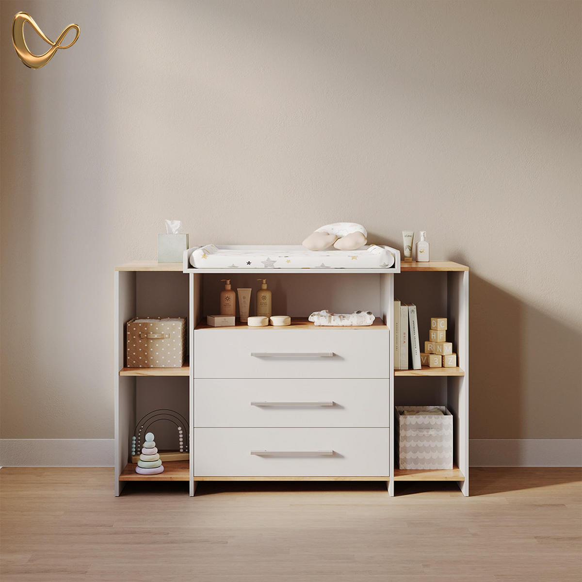 WICKELKOMMODE Torino Weiß/Goldkraft Eiche mit 3 Schubladen - Honigeiche/Weiß, Holzwerkstoff (143.2/93/53.1cm) - Livinity®