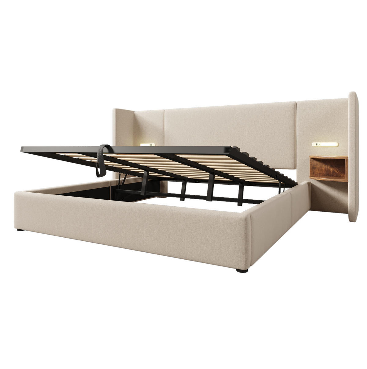BETT mit Stauraum 180x200 cm Leinen Beige mit USB, Type-C und Leselicht - Beige, Metall (180/200cm) - Meubliv