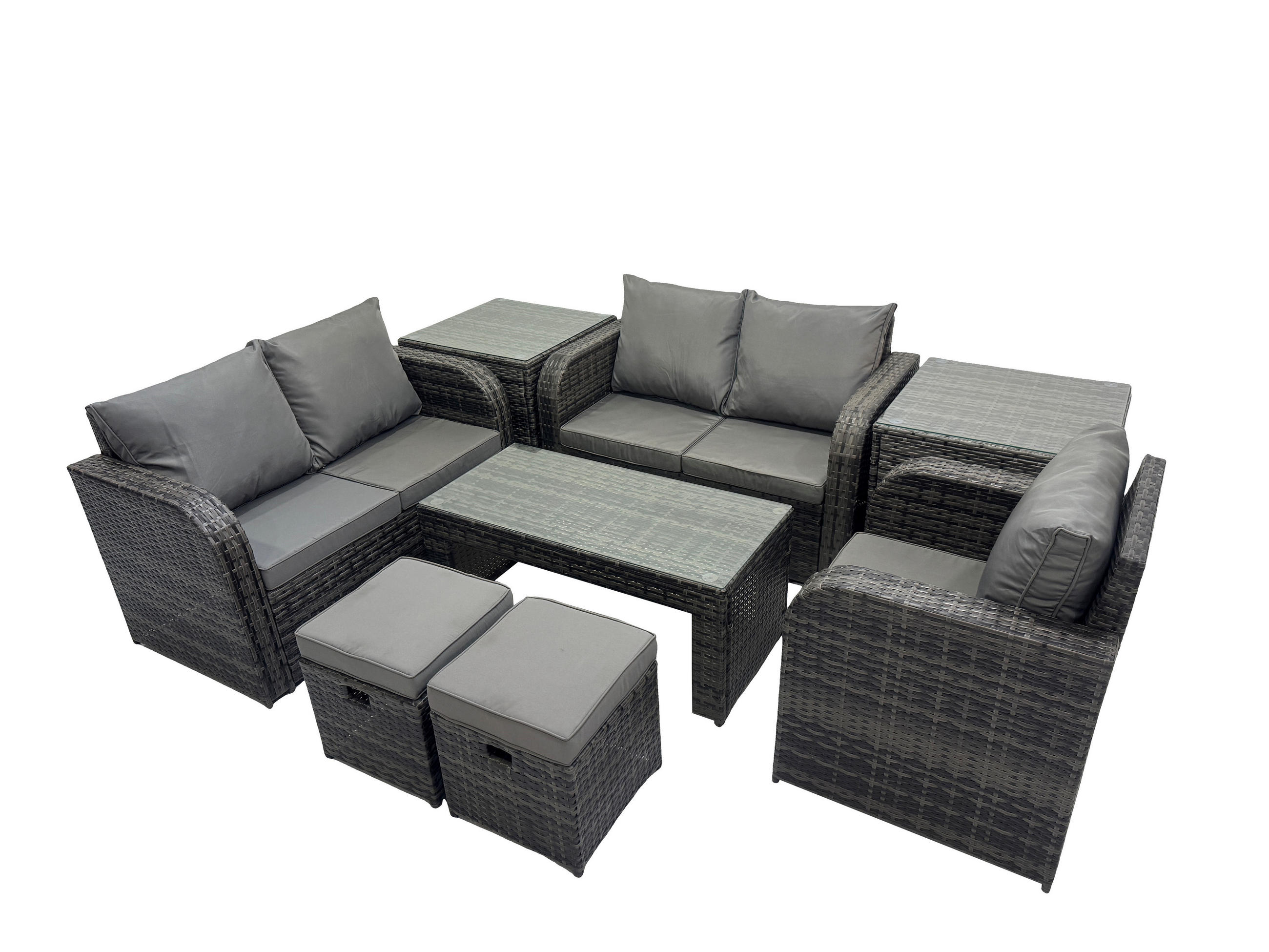 GARTENSOFA SET mit rechteckigem COUCHTISCH Polyrattan 7-Sitzer Dunkelgrau - Dunkelgrau/Grau, Glas/Kunststoff - Fimous
