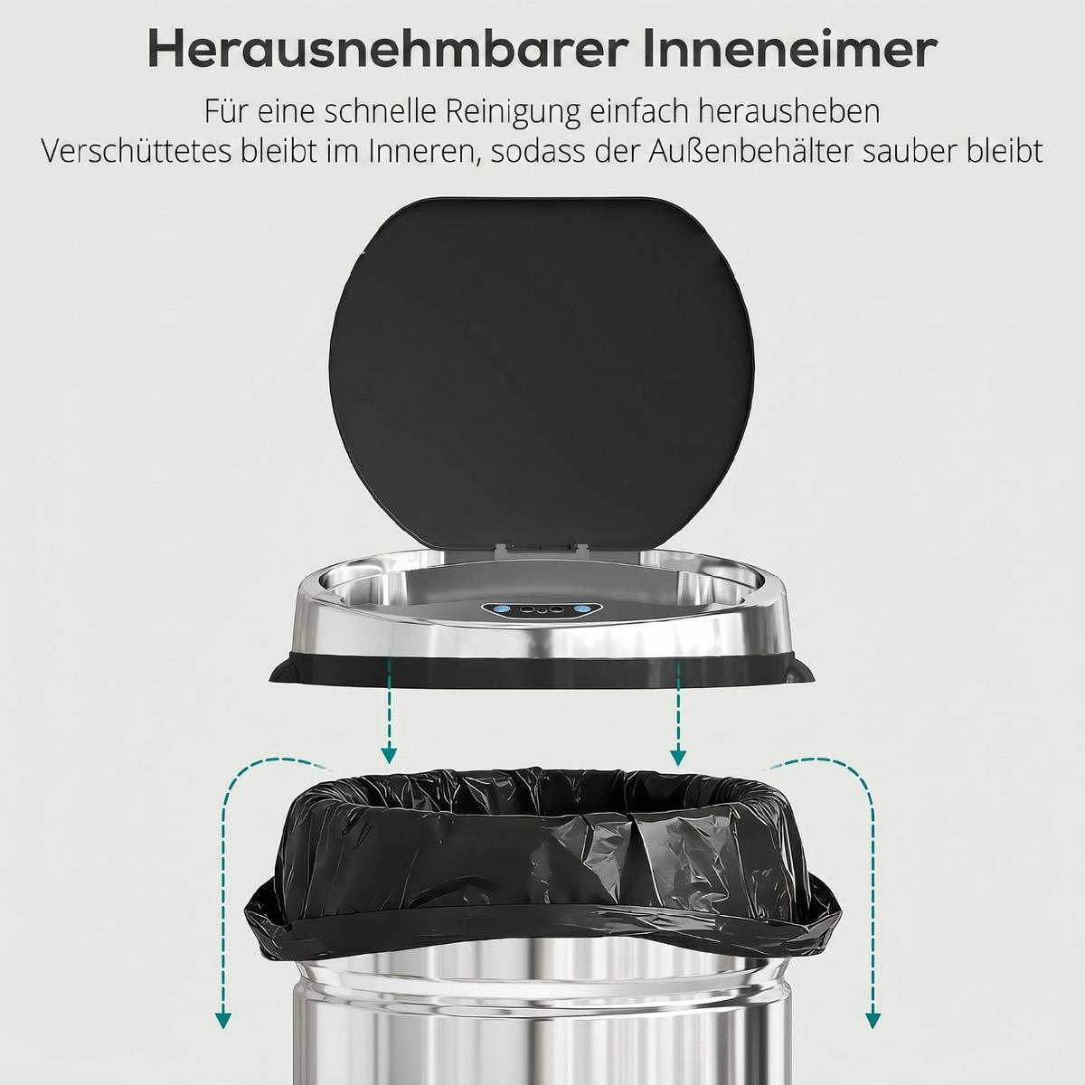 MÜLLEIMER 42L Automatischer Abfalleimer aus Metall Silber 30,5/68/30,5 cm - Silberfarben, Metall (30.5/68/30.5cm) - Rolipo