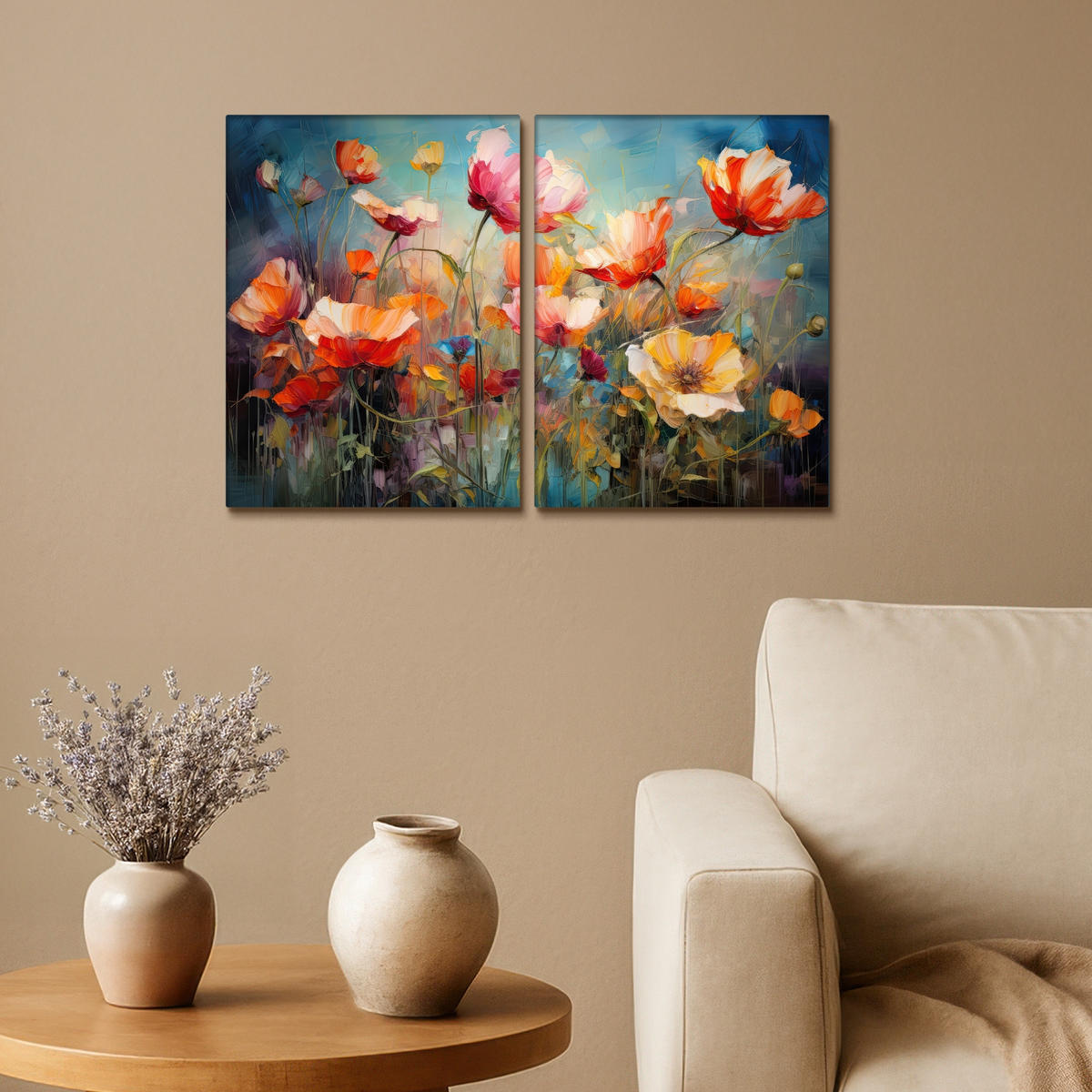 LEINWANDBILD 2er Set Blumen - Bunt - Abstrakt 60x40 cm - Blaugrau, Textil (60/40cm) - MuchoWow