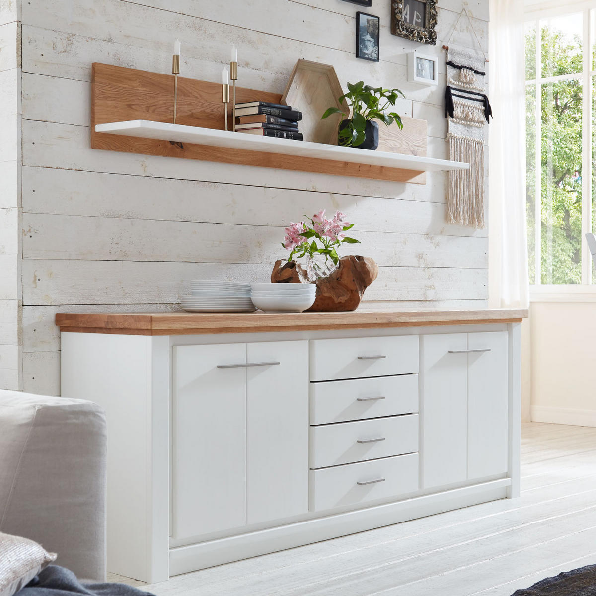 WANDBOARD weiß Olbia Wildeiche 180/27/28 cm - Weiß/Braun, Holz (180/28/27cm) - Casamia Massive Möbel