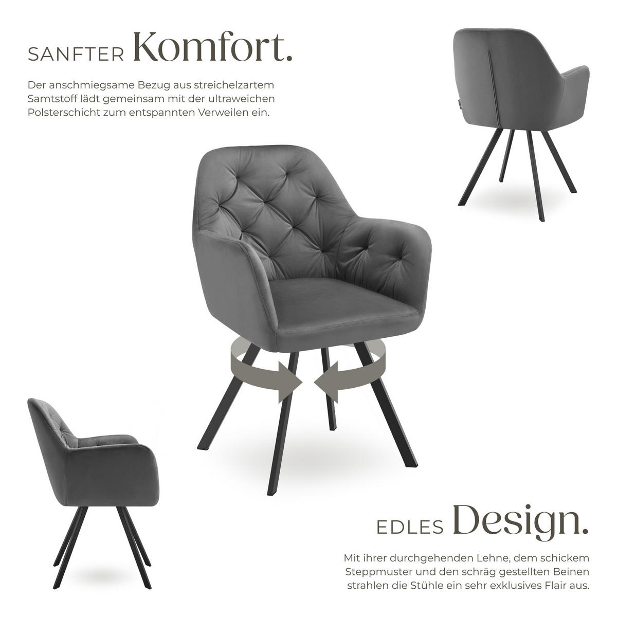 ARMLEHNSTUHL Samt Drehbarer 4er Set Lucia 58 x 58 x 87 cm anthrazit - Anthrazit, Kunststoff (58/87/58cm) - tectake