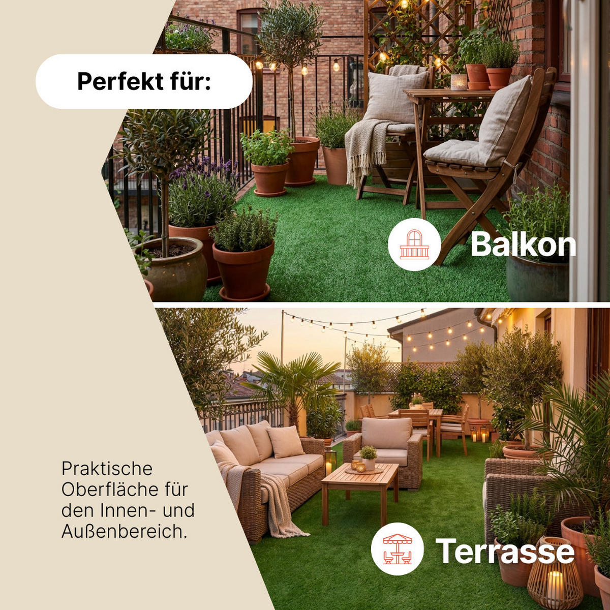 NATURAL 6 mm – Wetterfester Rasenteppich für Balkon & Terrasse, UV-beständig 200/950 cm - Grün, Textil (200/950cm) - Tapiso