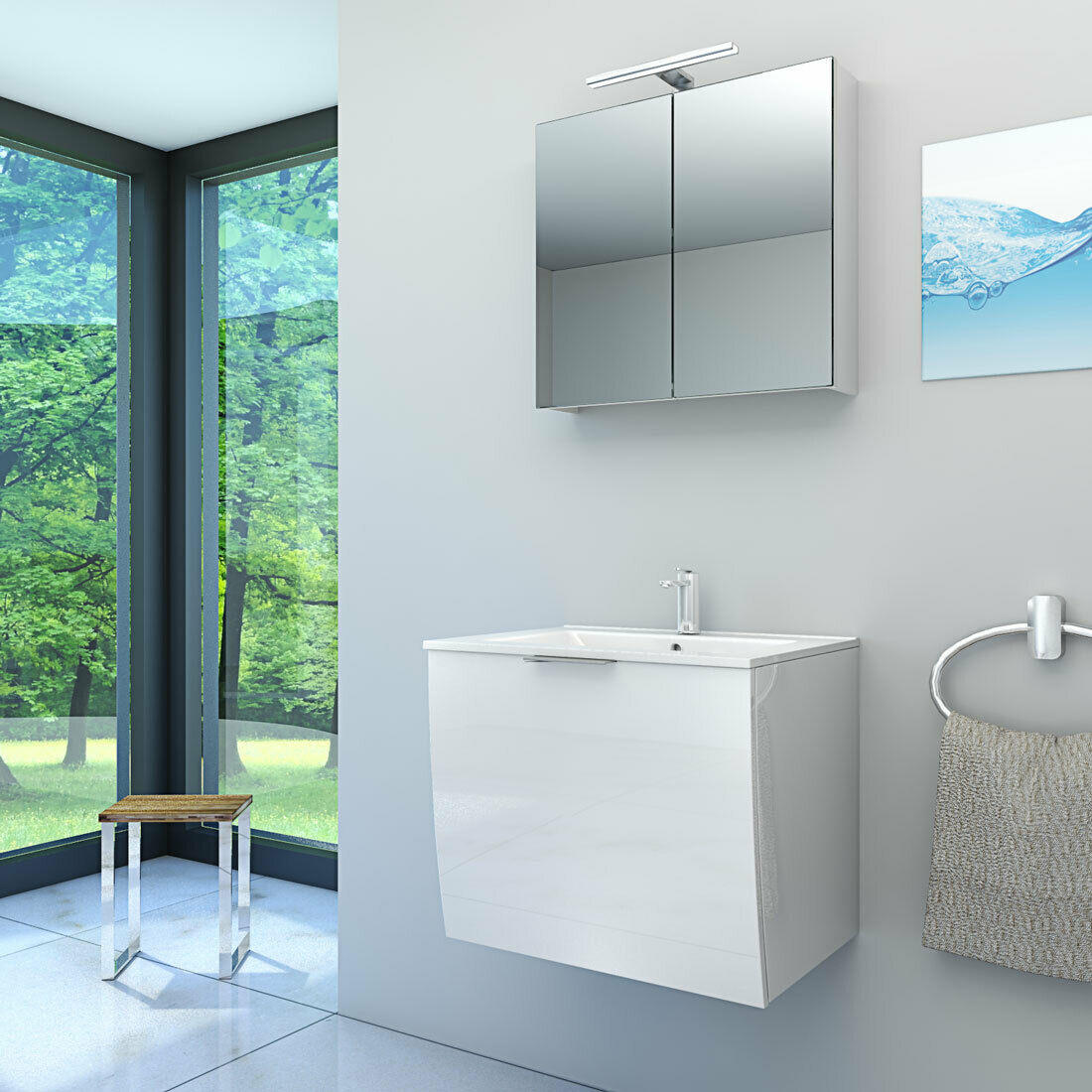 BADMÖBEL Set Gently 1 V1 Weiß MDF Waschtisch 60cm NEIN ohne LED-Beleuchtung - Weiß, Glas/Kunststoff (46/52/60cm) - AcquaVapore by Sandra Jentho