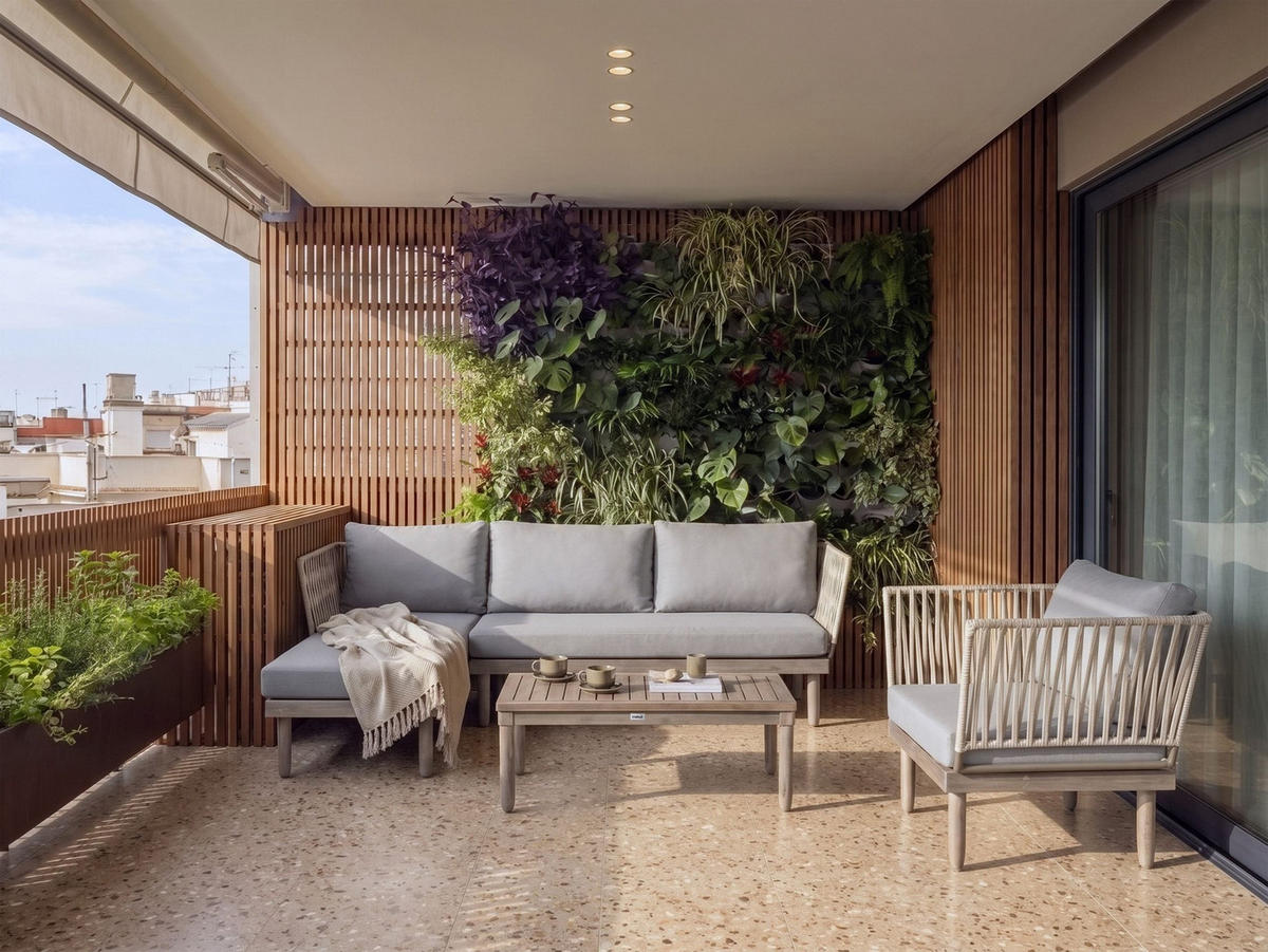 LOUNGE SADA se stolem 4-místná Akáciové dřevo pravostranná Hnědá/Šedá Cremona - šedá/krémová, dřevo - Beliani