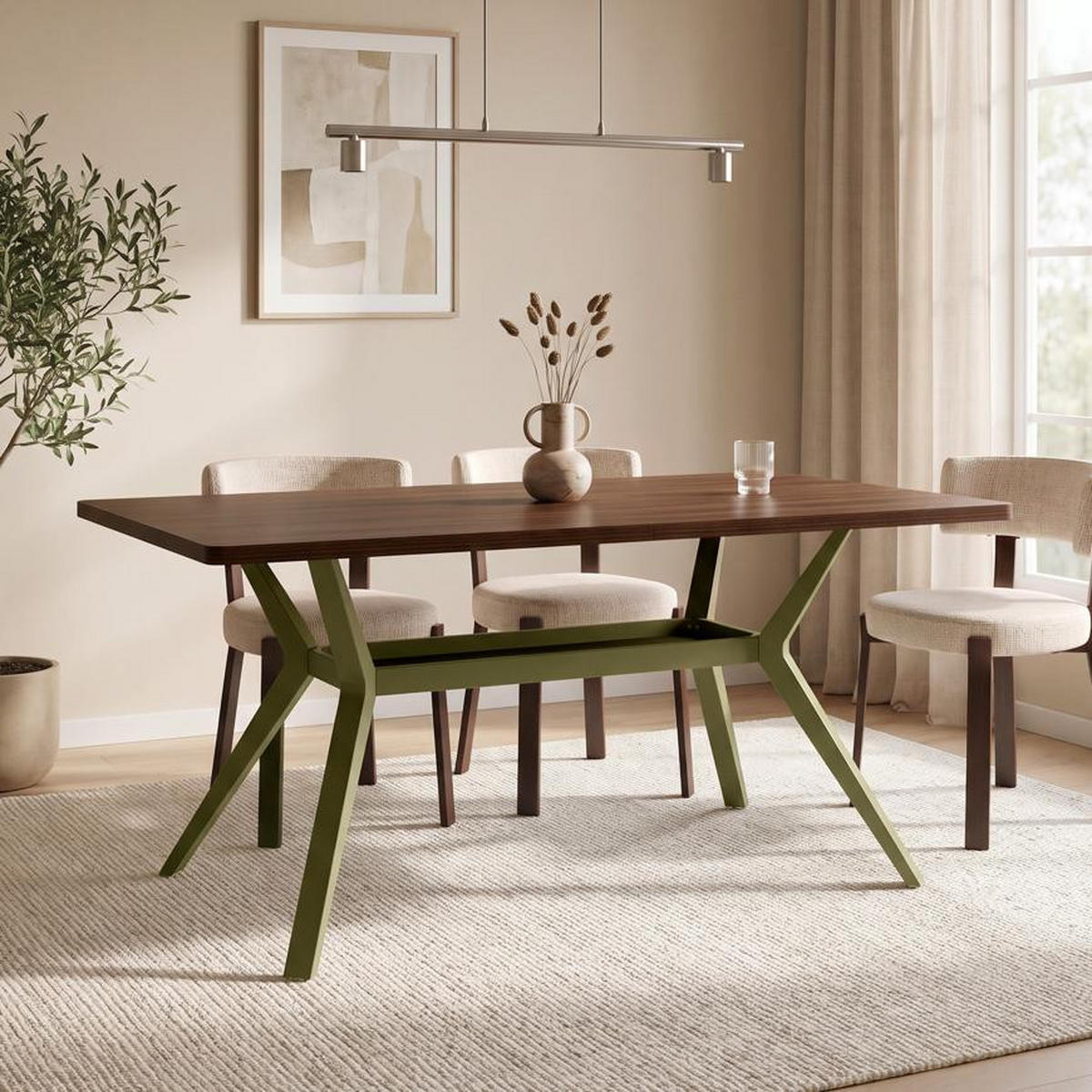 ESSTISCH 160cm Metallbeine Khaki Und Tischplatte Nussbaum-Optik Andrea - Nussbaumfarben/Grün, Holzwerkstoff/Metall (90/160/75cm) - Sicaan