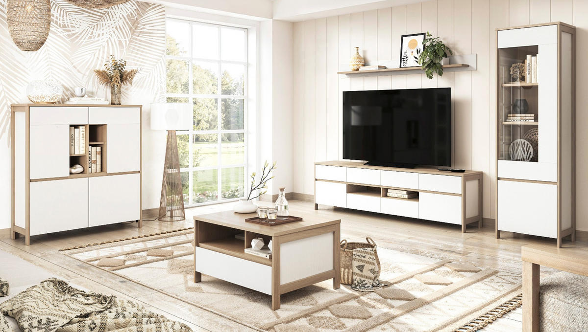 WOHNWAND weiß, Eiche, Wohnkombination skandinavisch 3-teilig 266 cm, Soft-Close, Finnes - Eichefarben/Weiß, Holzwerkstoff/Metall (266/195/39cm) - Furn.Design