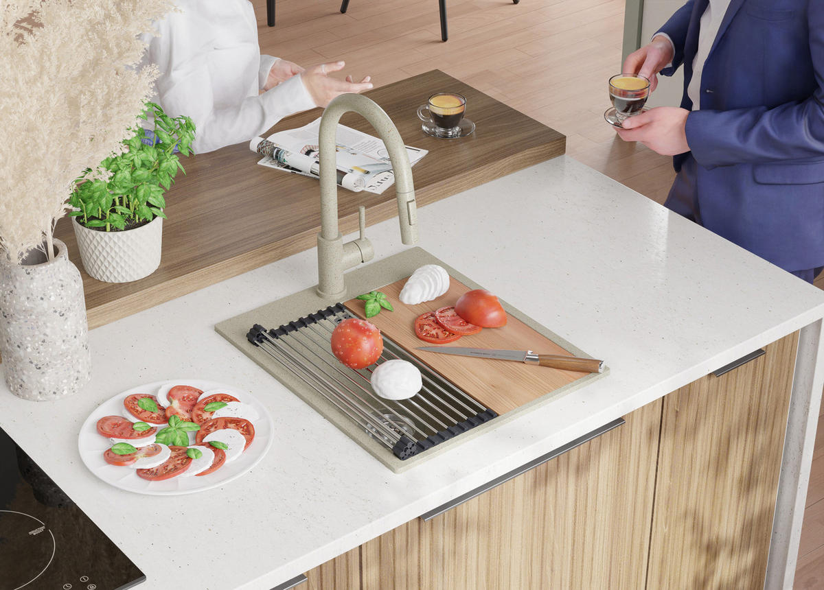 SPÜLBECKEN Oslo, 2-er set Beige 43/50 cm 1 Becken + Ablauf-Set + Schneidebrett ab 45er Unterschrank - Chromfarben/Beige, Kunststoff (43/20/50cm) - Primagran