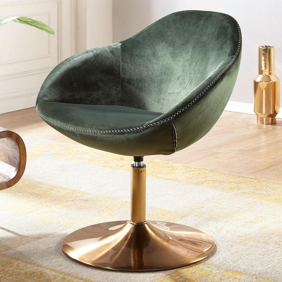 LOUNGESESSEL Samt mit 360° Drehfunktion, Grün 70x70x79 cm - Goldfarben/Grün, Textil/Metall (70/79/70cm) - KADIMA DESIGN