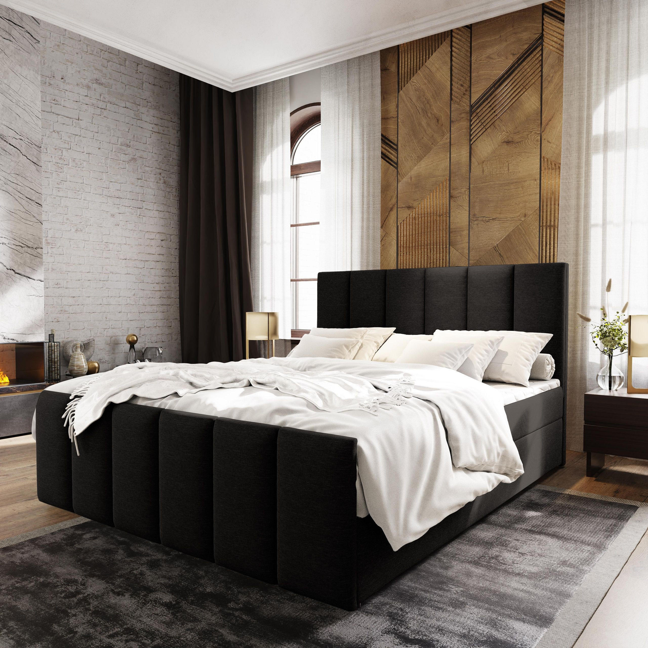 BOXBETT LAGO 180x200 cm mit Matratze und Topper - Schwarz - Schwarz, Holz (180/200cm) - MASSENO