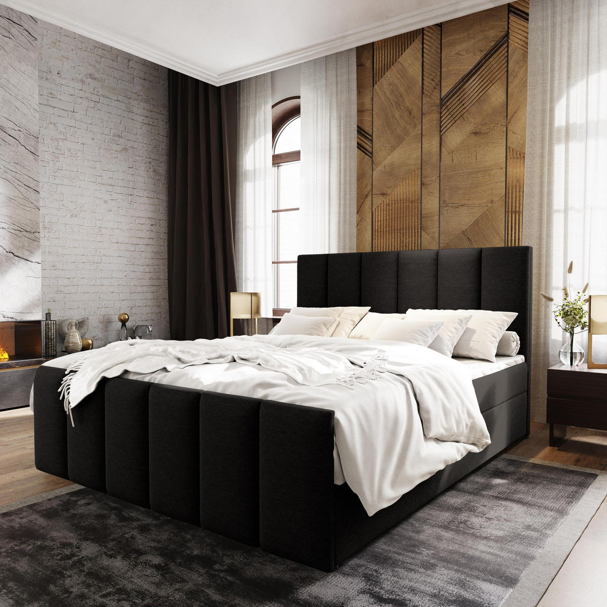 BOXBETT LAGO 180x200 cm mit Matratze und Topper - Schwarz - Schwarz, Holz (180/200cm) - MASSENO