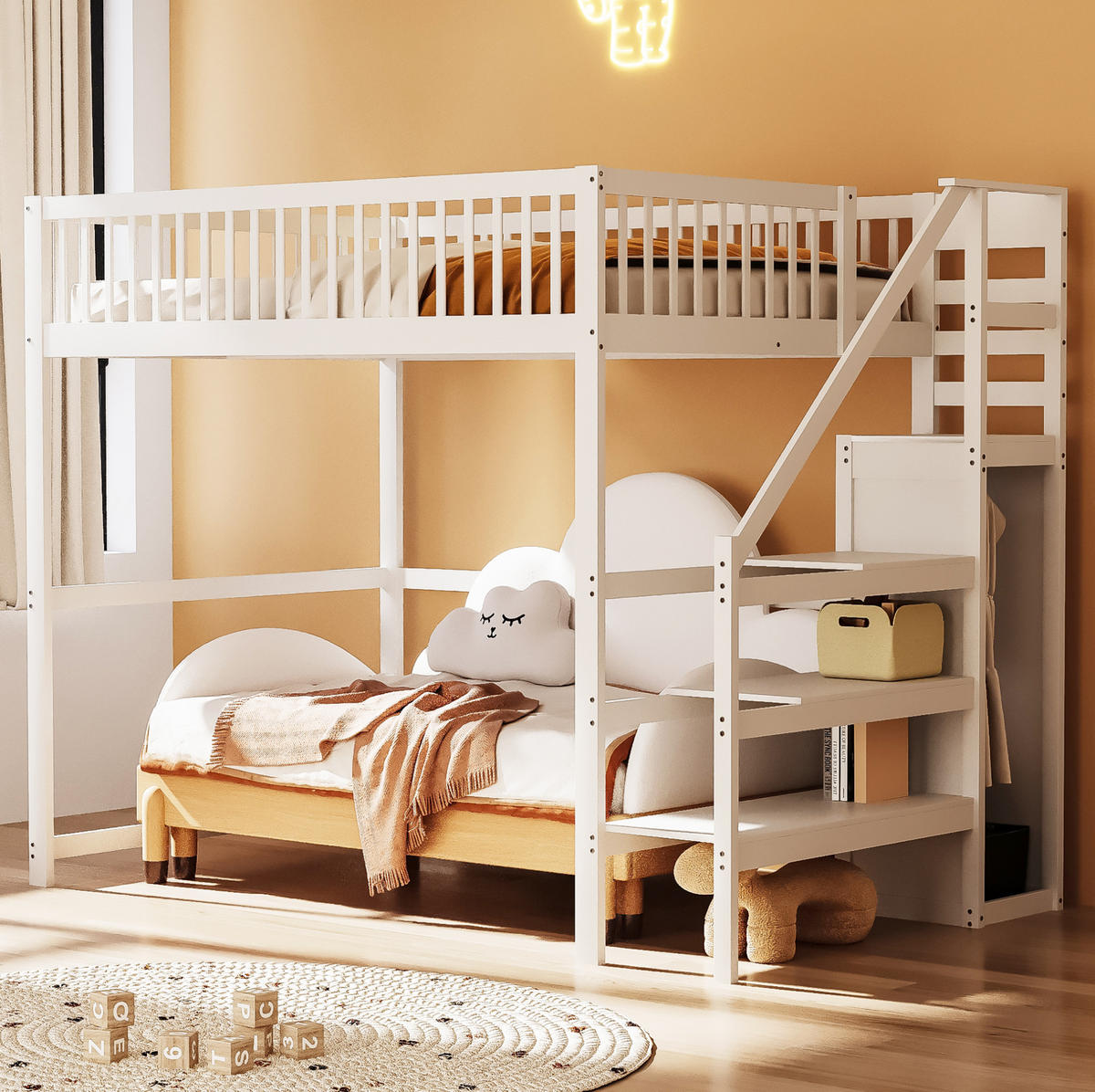 HOCHBETT 140/200 cm Weiß aus Holz mit Treppe, Kleiderschrank und Stauraum - Weiß, Holz (140/200cm) - Flora Grace