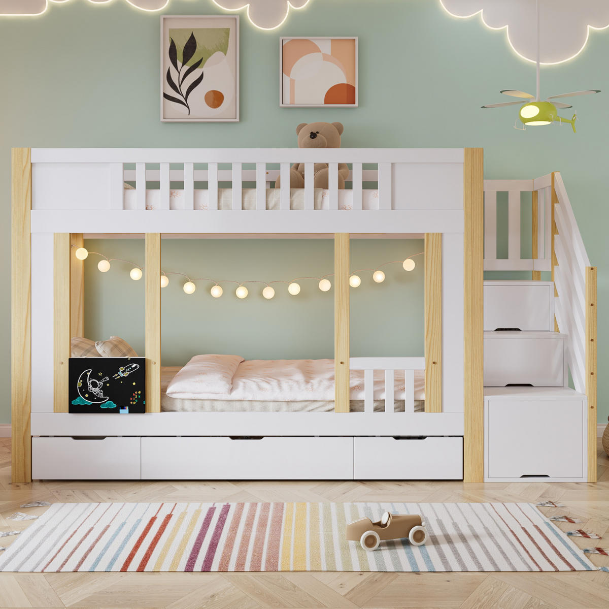 ETAGENBETT 90/200 cm in Weiß/Natur mit Treppenschrank und 3 Schubladen - Weiß, Holzwerkstoff (90/200cm) - Flora Grace