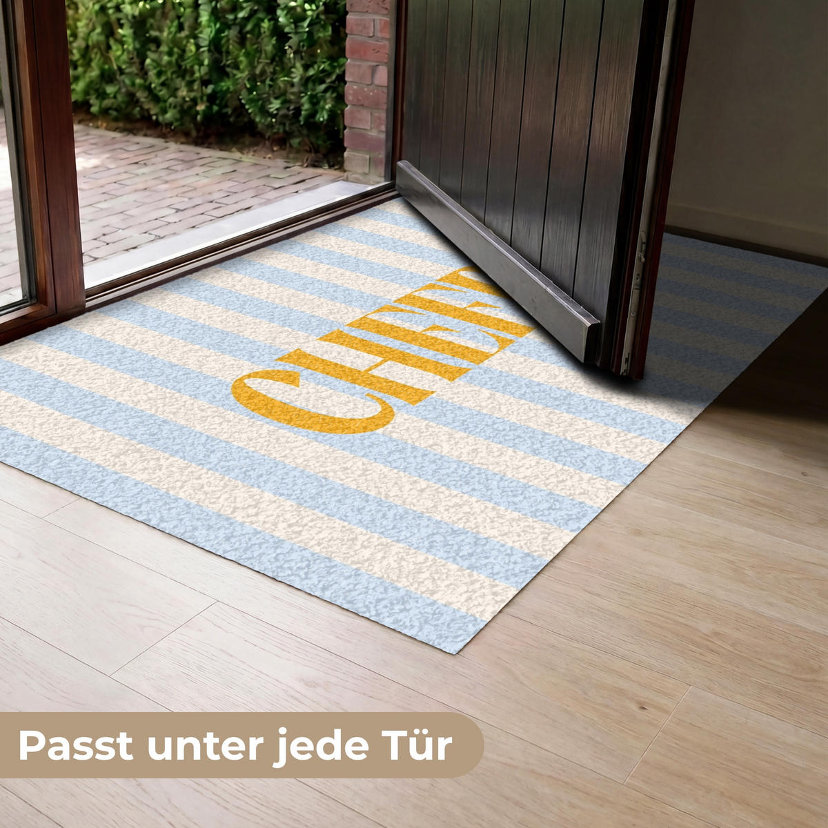 FUSSMATTE Orange – Blau – Streifen – Cheers 120x80 cm - Hellblau, Kunststoff (120/0.4cm) - MuchoWow