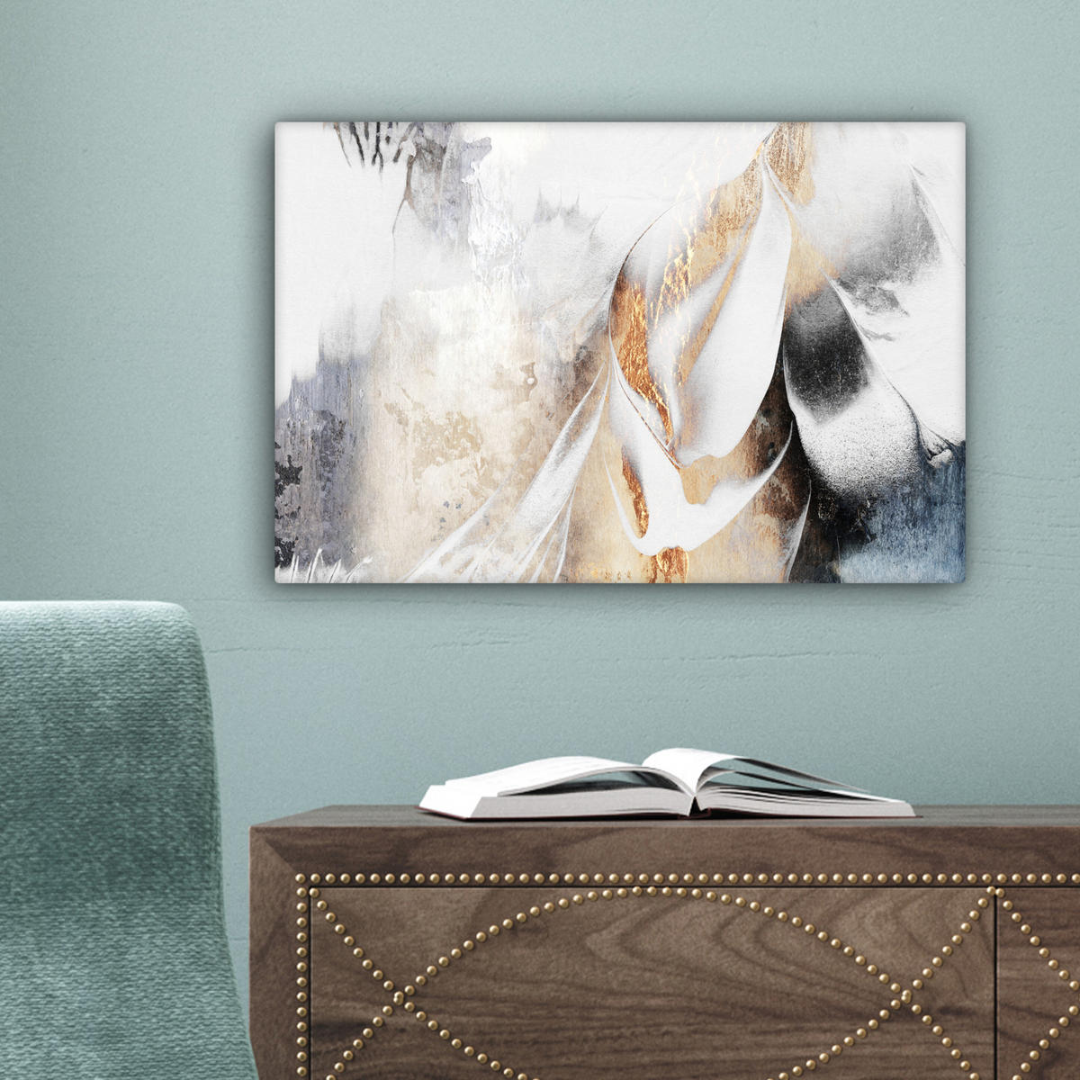 LEINWANDBILD Luxus - Abstrakt - Gold - Weiß Deko Schlafzimmer 30x20 cm - Goldfarben, Textil (30/20cm) - MuchoWow