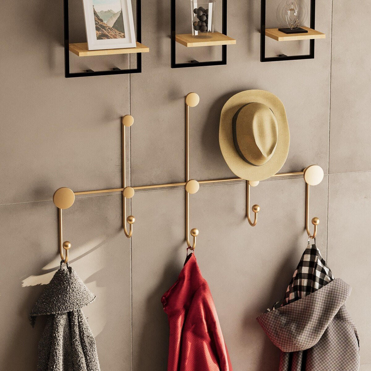 WANDGARDEROBE mit 8 Haken aus goldfarbenem Metall 80/10/45 cm - Goldfarben, Metall (10/45/80cm) - Calicosy