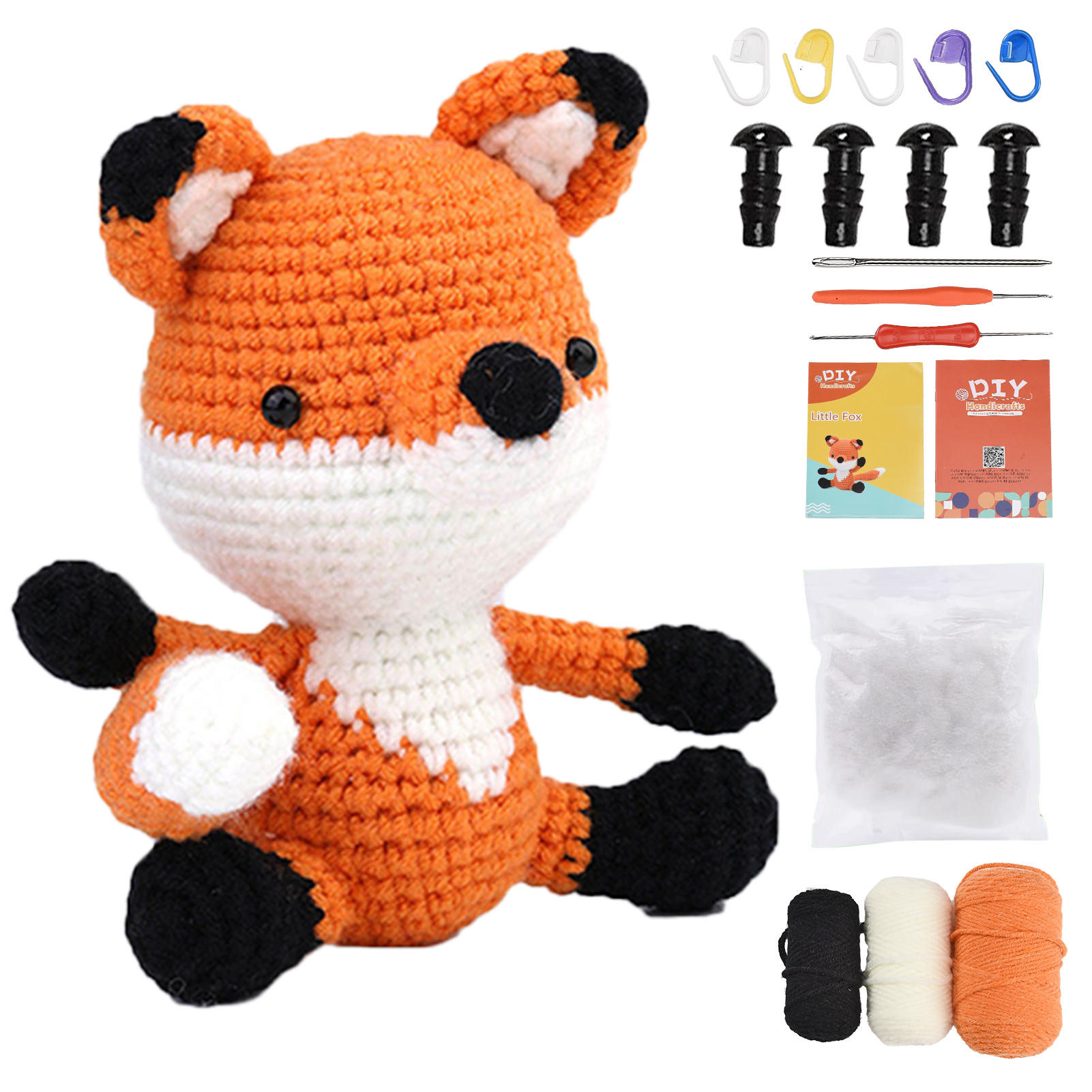 KOMPLET za heklanje lisica narančasta, DIY amigurumi za početnike s uputama - narančasta, tekstil (1/1/1cm)
