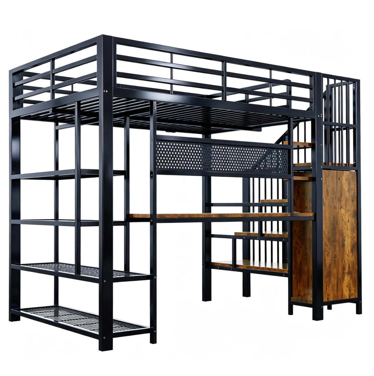 MULTIFUNKTIONS-HOCHBETT 140x200 cm in Schwarz mit Stauraumtreppe, LED und Steckdose - Schwarz, Metall (140/200cm) - IVMEU
