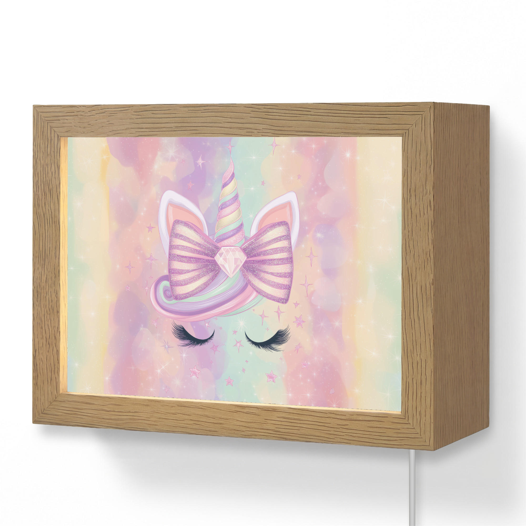 NÁSTĚNNÁ LAMPA Jednorožec - Třpytky - Duha - Pastelové barvy 20x15 cm - světle růžová, kompozitní dřevo (20/15/8cm) - OnlyWow