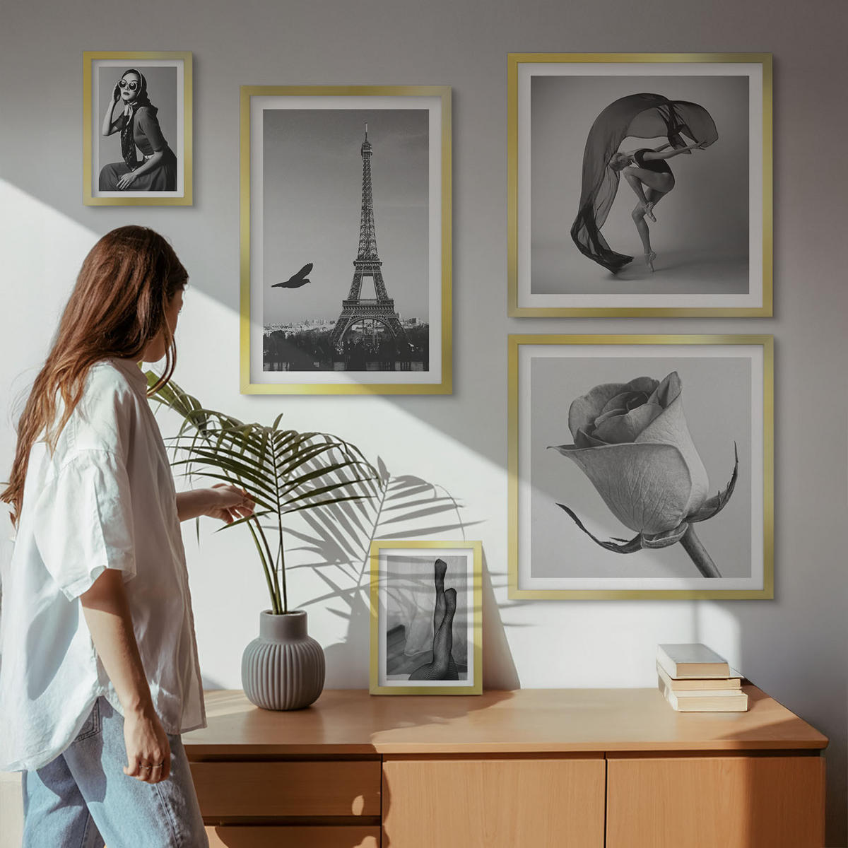 BILDER SET 5er Set - 50x50 cm & 20x30 cm & 40x60 cm Goldrahmen - Stilvolle Porträts eleganter Frauen - Goldfarben, Kunststoff (40/60cm) - TULUP