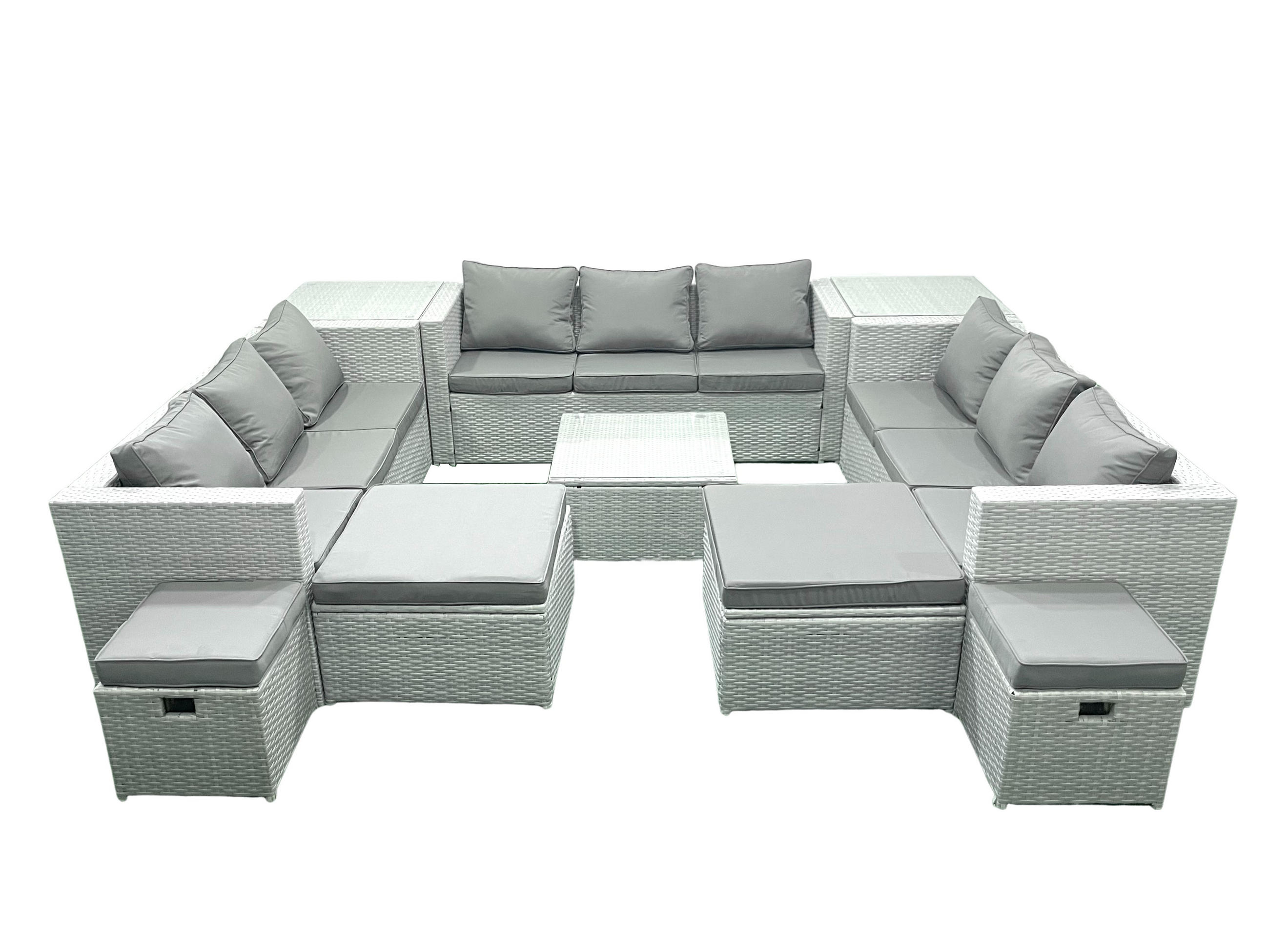 GARTENMÖBELSET mit 3-SITZER SOFA,COUCHTISCH Polyrattan Hellgrau-Mix 13-Sitzer - Hellgrau/Grau, Glas/Kunststoff - Fimous