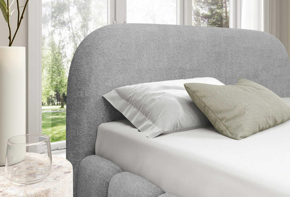 POLSTERBETT 140x200 Noemi, runde Kopfteil, Bettkasten, Samtstoff, Hellgrau - Hellgrau, Holz/Textil (140/200cm) - Emporius