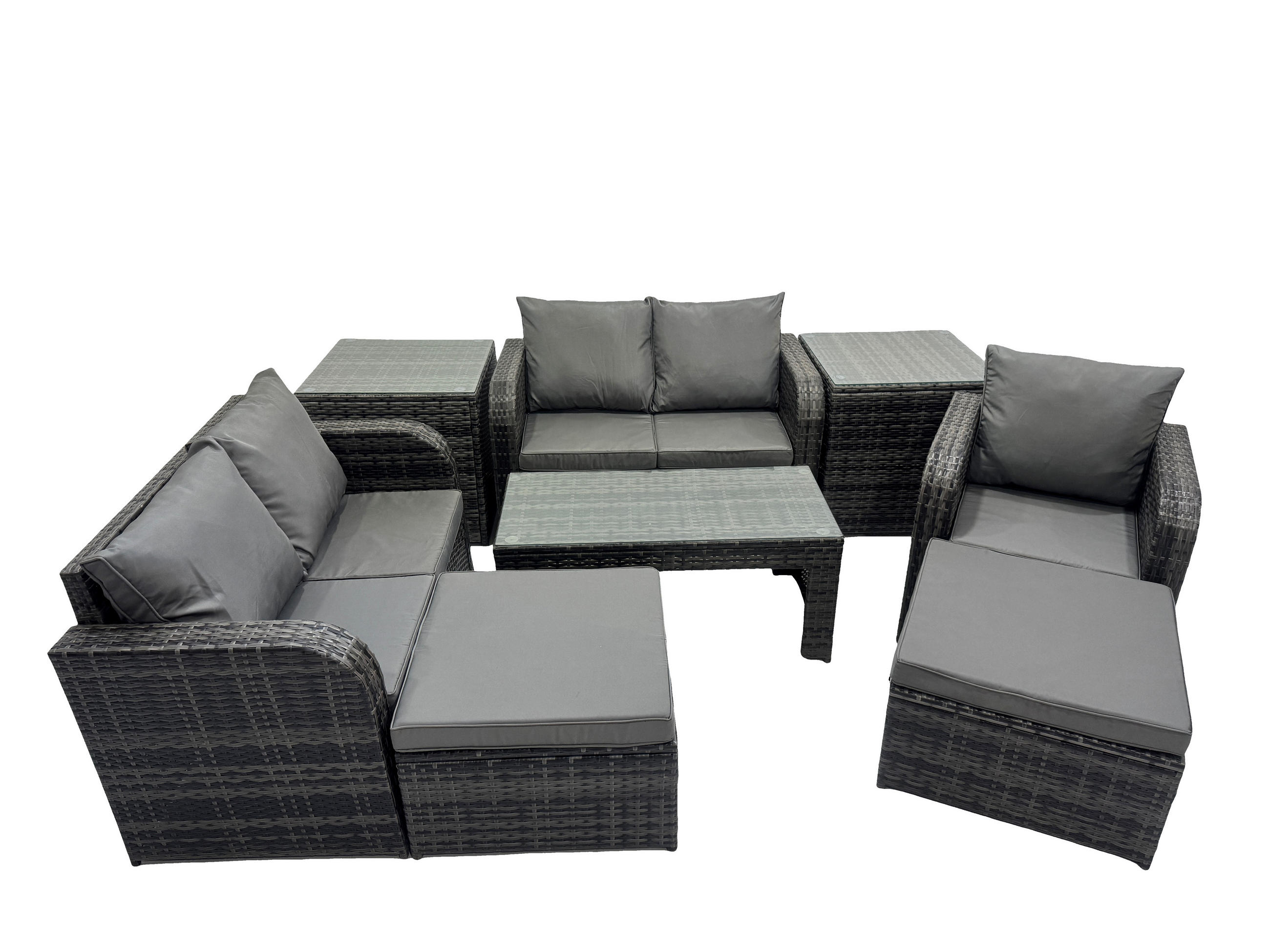 GARTENSOFA SET mit rechteckigem COUCHTISCH Polyrattan 7-Sitzer Dunkelgrau - Dunkelgrau/Grau, Glas/Kunststoff - Fimous