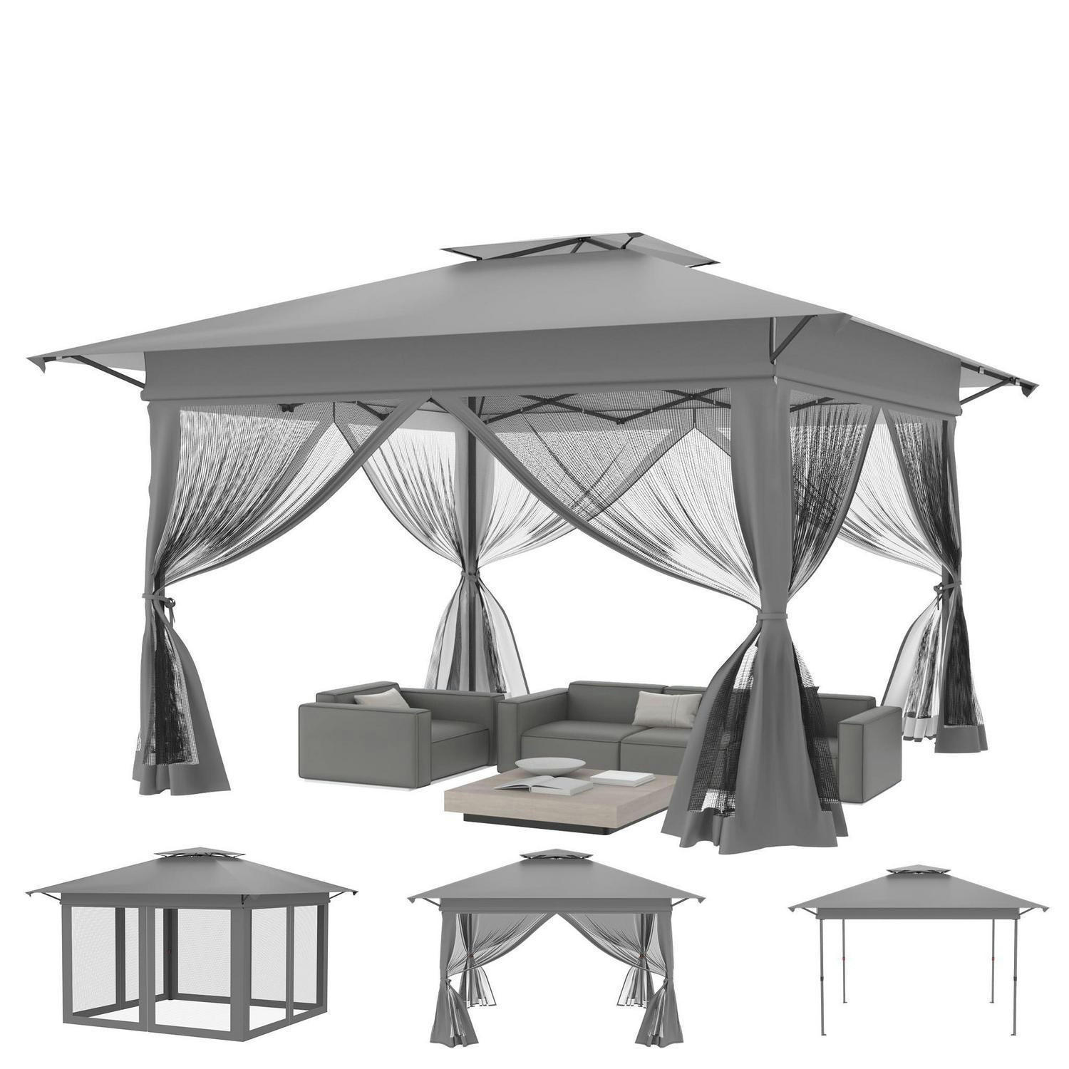 GARTENPAVILLON Pop Up 4x4m Grau mit Moskitonetz - Grau, Metall (400/285/400cm)