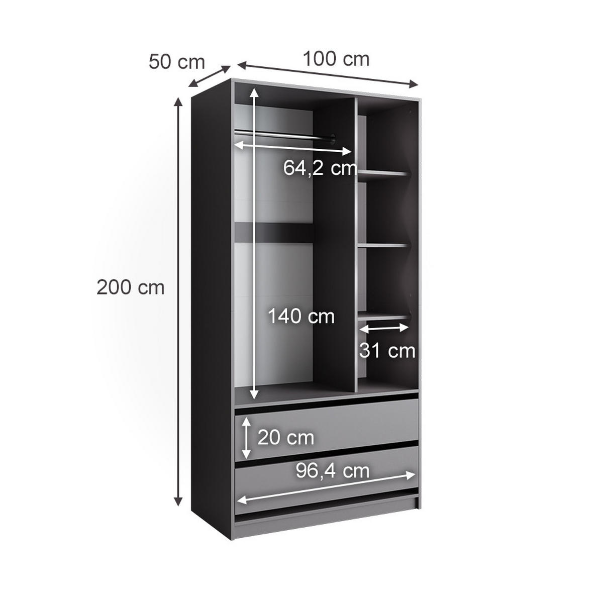 KINDERKLEIDERSCHRANK Elmo Anthrazit 100 x 200 cm mit 2 Schubladen - Anthrazit, Holzwerkstoff (100/200/50cm) - Vicco