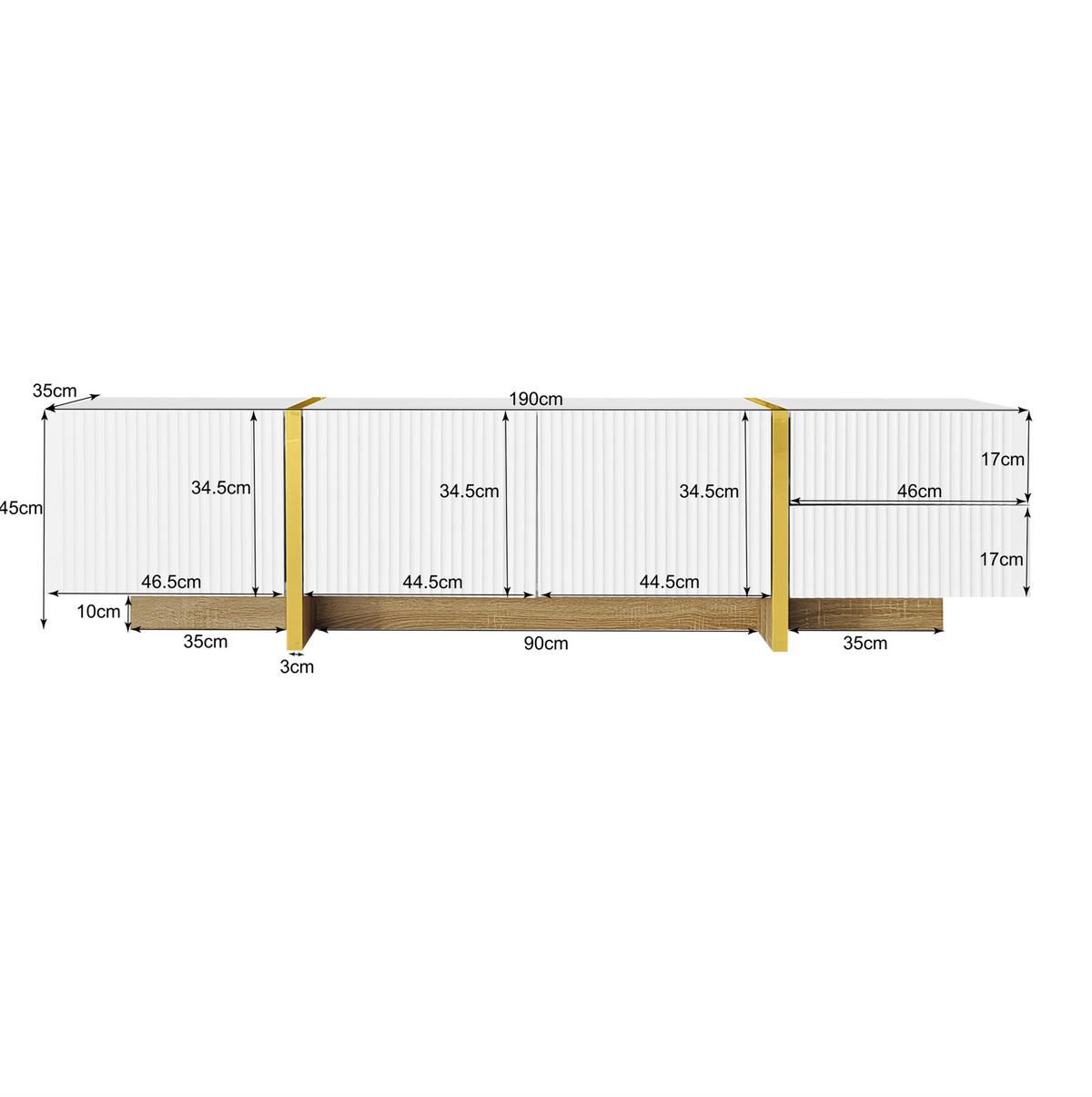 LOWBOARD 190/35/45 cm aus MDF und Spanplatte mit Dämpfungsscharnieren Weiß/Gold - Weiß, Holzwerkstoff (190/45/35cm) - Modenvie
