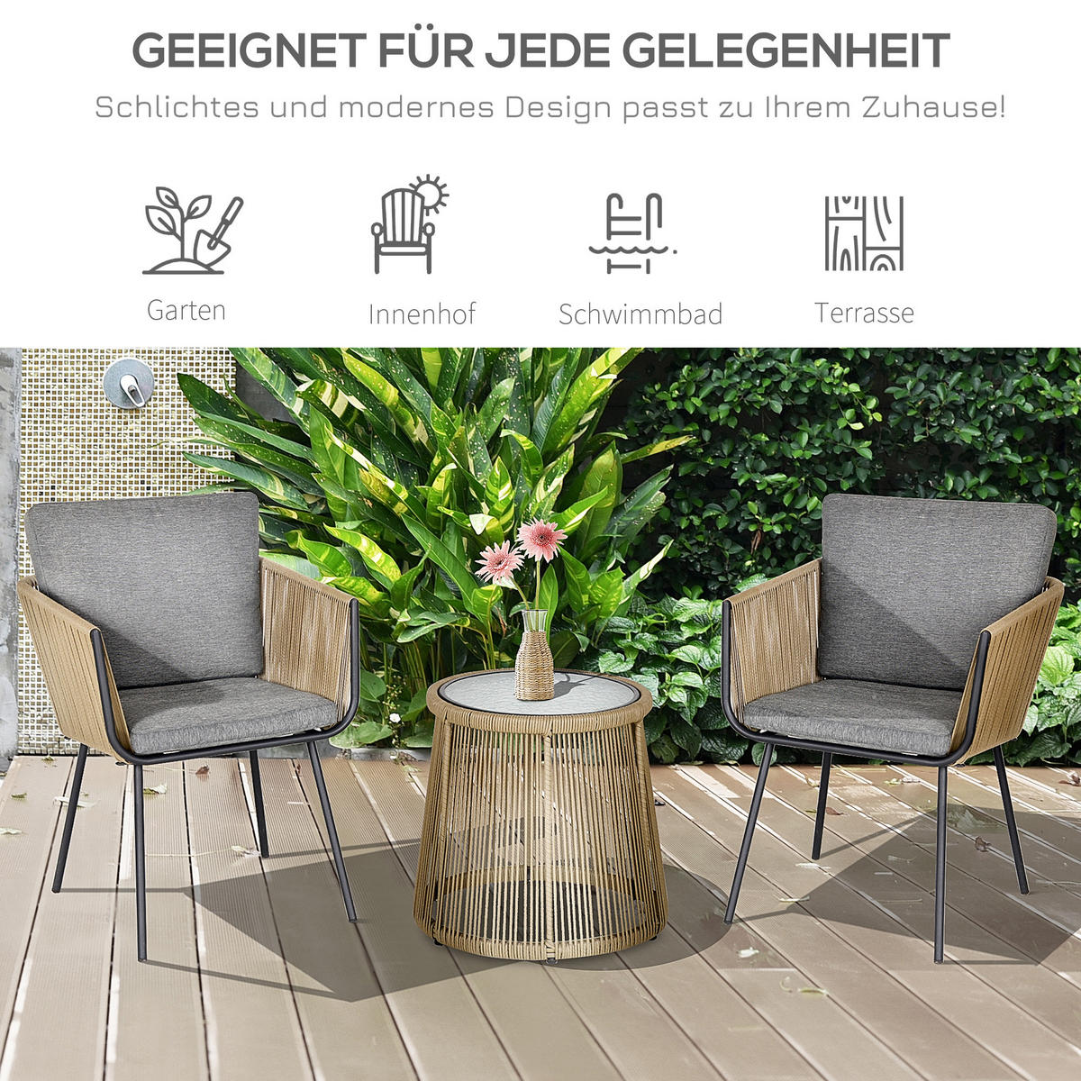 SITZGRUPPE, 3-tlg. Rattan Gartenmöbel-Set, Gartengarnitur mit 2 Gartenstühle - Grau, Kunststoff - Outsunny