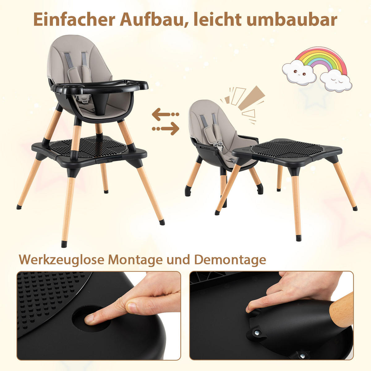 KINDERHOCHSTUHL mit Bausteintisch schwarz - Schwarz, Kunststoff (62/100/62cm) - COSTWAY