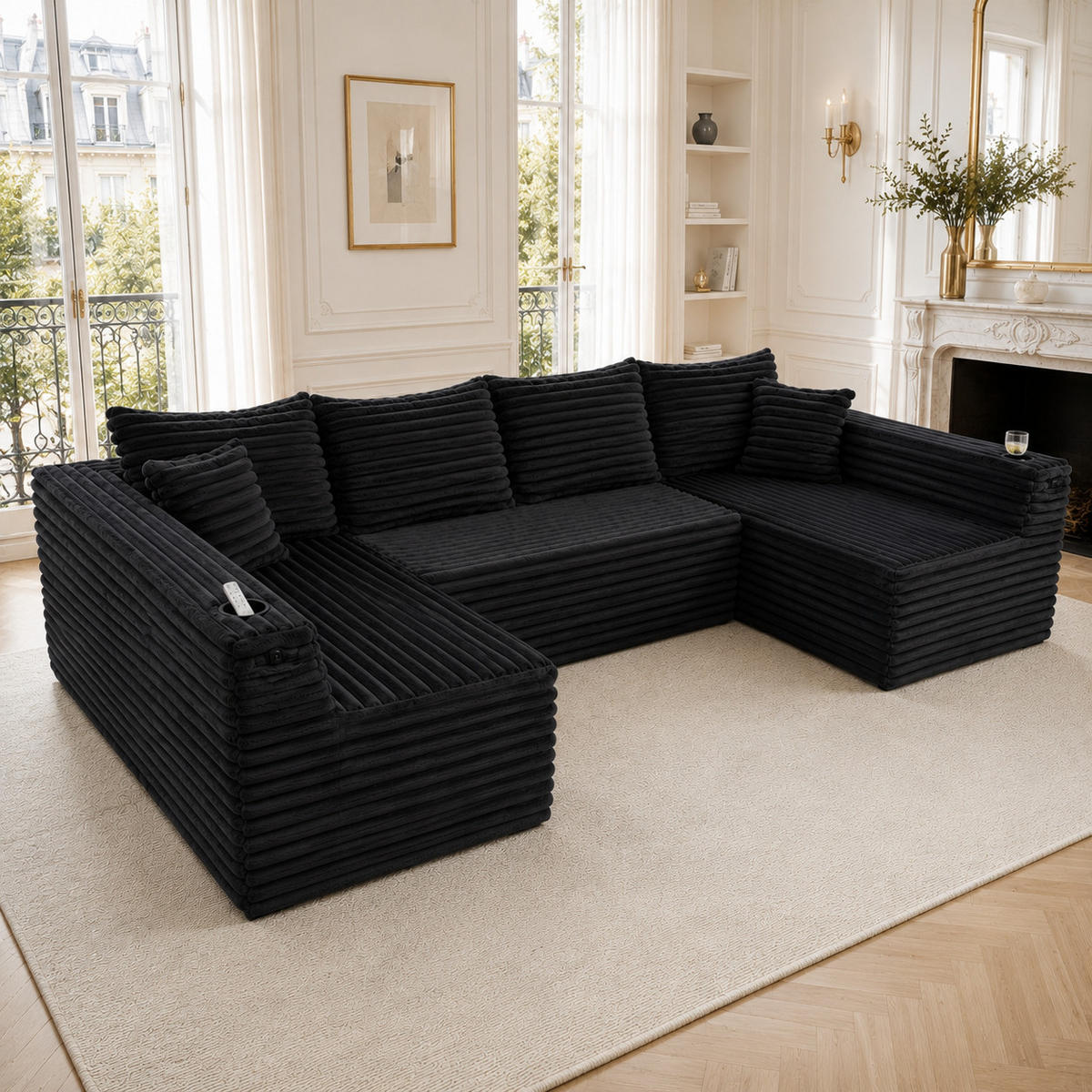 WOHNLANDSCHAFT Schwarz 320/155/88 cm 6-Sitzer mit Getränkehaltern - Schwarz, Textil (320/88/155cm) - PANGIVO
