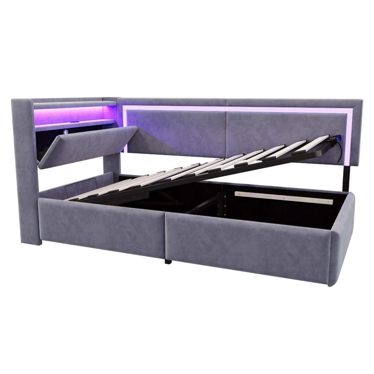 SCHLAFSOFA aus Samt 90x200 cm Grau mit Bettkasten, LED-Beleuchtung und USB-Anschlüssen - Grau, Textil (90/200cm) - IVMEU