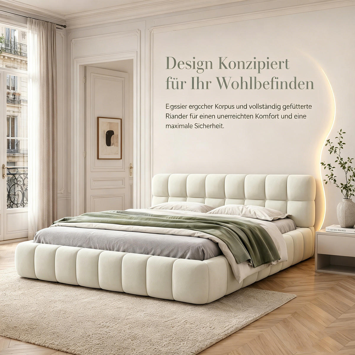 POLSTERBETT 140x200 mit Lattenrost, beige Leinen, niedriges Design mit eingelassener Matratze, sicher und stilvoll - Beige, Holz/Textil (140/200cm) - GENKI LIVING