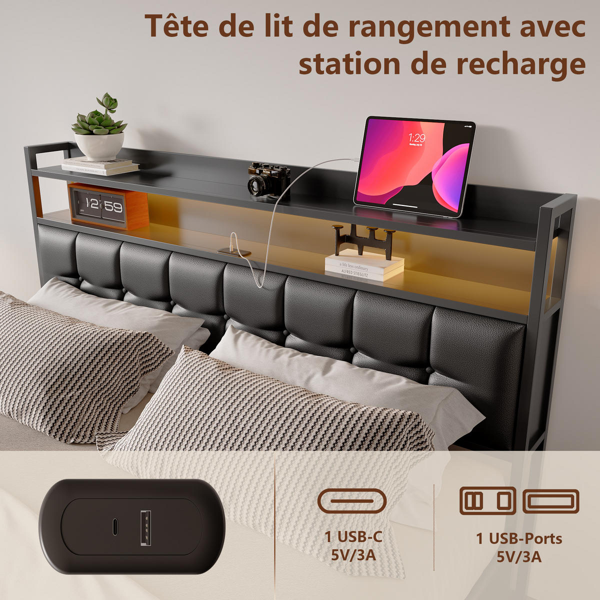 POLSTERBETT 160x200 cm, Schwarz, LED-Beleuchtung, Kunstleder - Schwarz, Textil/Metall (140/200cm)