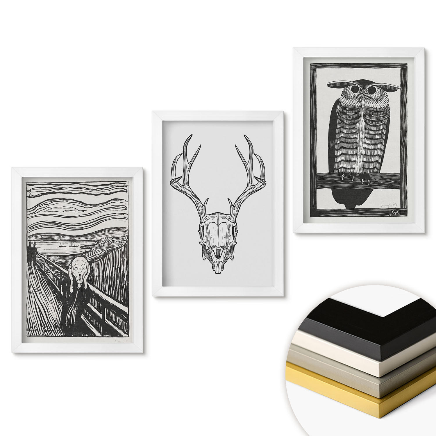 WANDBILDER 3er-Set - 20x30 cm Weißer Rahmen - Grafiken mit schreiendem Totenkopf-Eulen - Weiß, Kunststoff (20/30cm) - ArtPrintCave